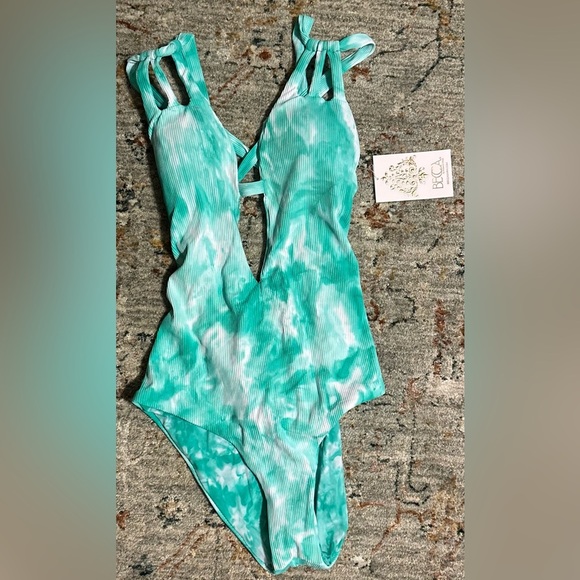 ‼️RARE‼️🎸BECCA🎸🔥NWT🔥Crystal Ribbed Tie Dye One-Piece Swimsuit in Green— Size M - Picture 7 of 15